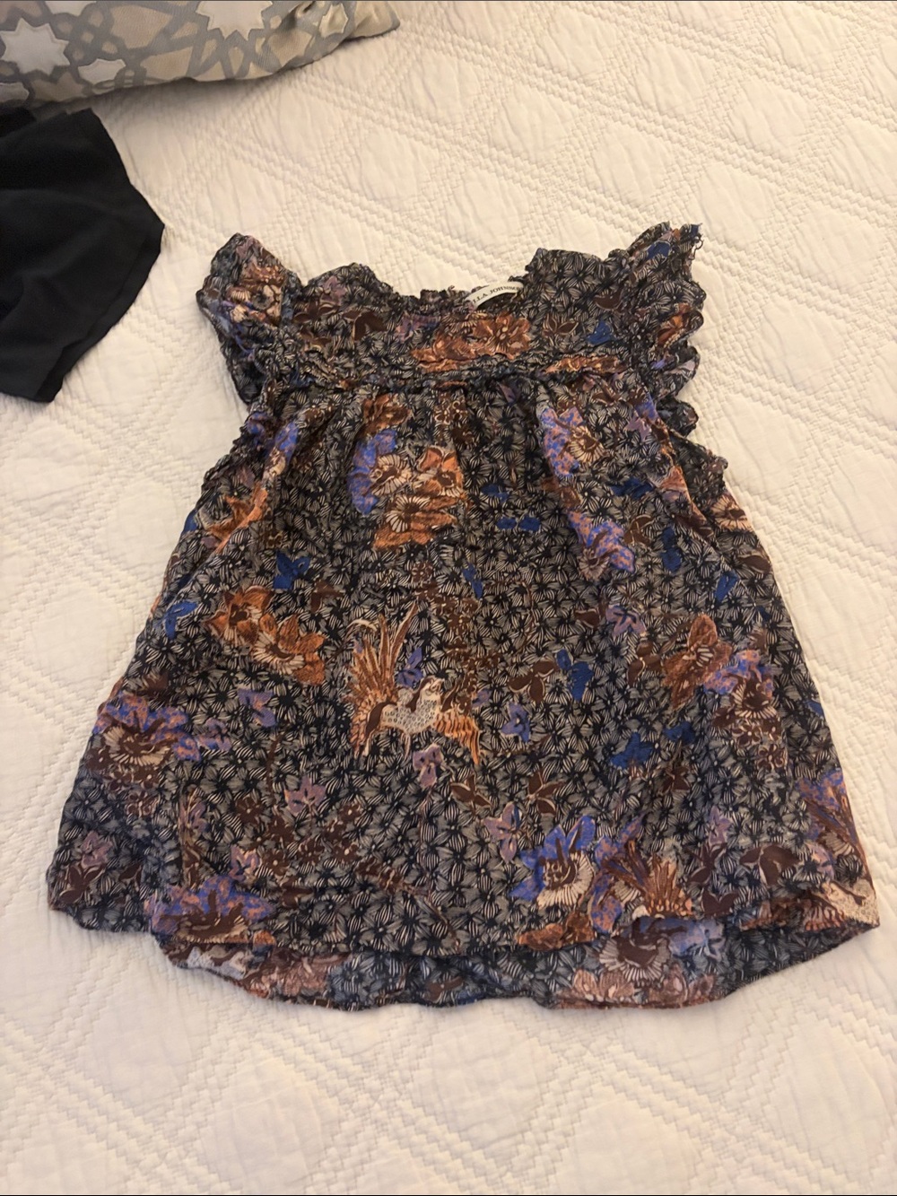 Ulla Johnson Girls Floral Smocked Flutter Top in Brown & Blue